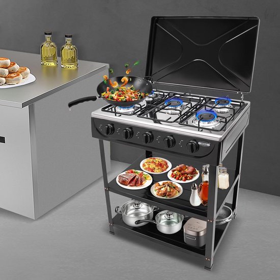 Gasfornuis 5 Pits - Vrijstaand Kooktoestel - Kamperen en Reizen - Met Grillwagen Deksel - 61x42x82 cm - Zwart — afbeelding 3