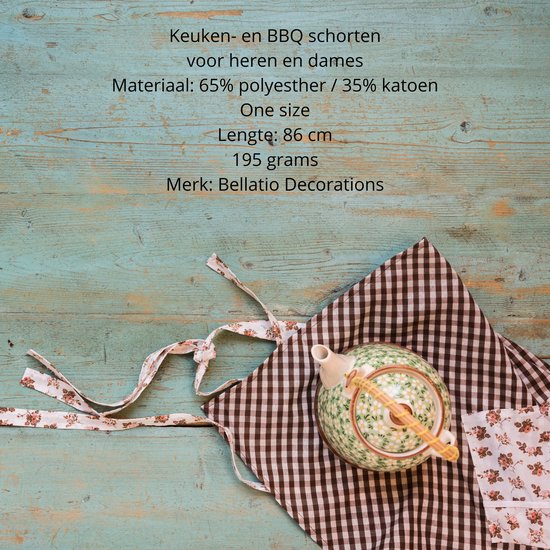 Bruin geblokt schort met bloemenprint bandjes en een theepot. Materiaal: 65% polyester / 35% katoen.