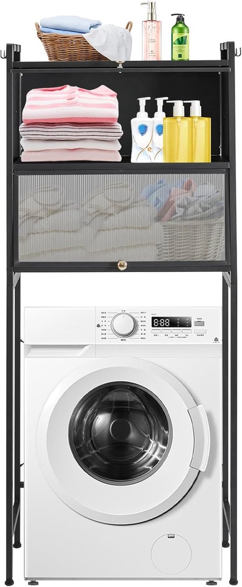Wasmachine Kast - Opbergrek - Ruimte Besparen - Verstelbare Voetjes - 70x25x167 cm - Zwart