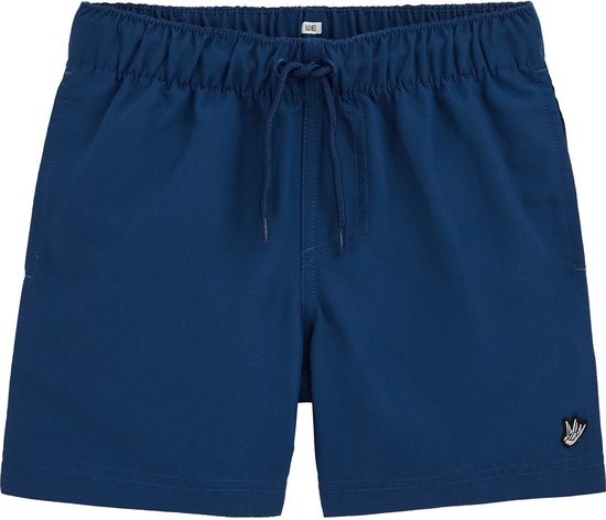 Donkerblauwe zwembroek met elastische tailleband, trekkoord en klein logo.
