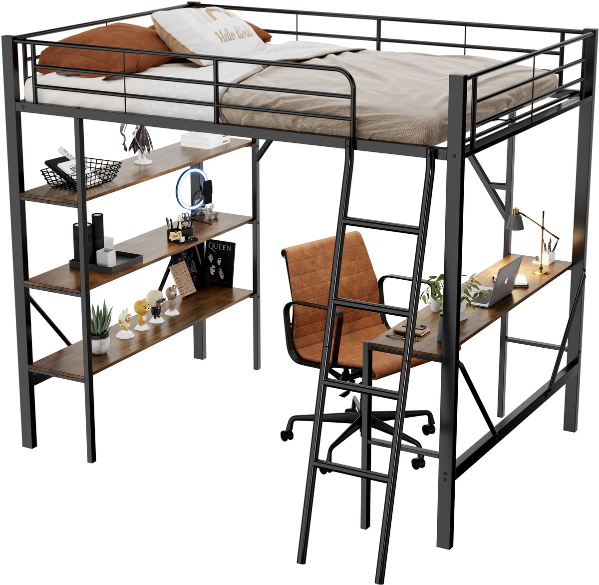 REDOM Hoogslaper – Met bureau & 3 planken – Minimalistisch – Metaal & MDF – Zwart – 90 x 200 cm