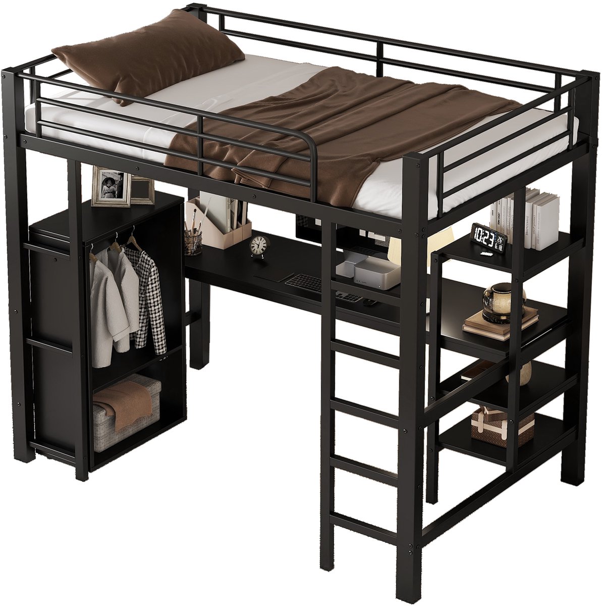 REDOM Hoogslaper met Kledingkast – 90x200 cm – Met 2m Bureau en Planken – Metaal en MDF – Zwart – Ultieme Ruimtebespaarder