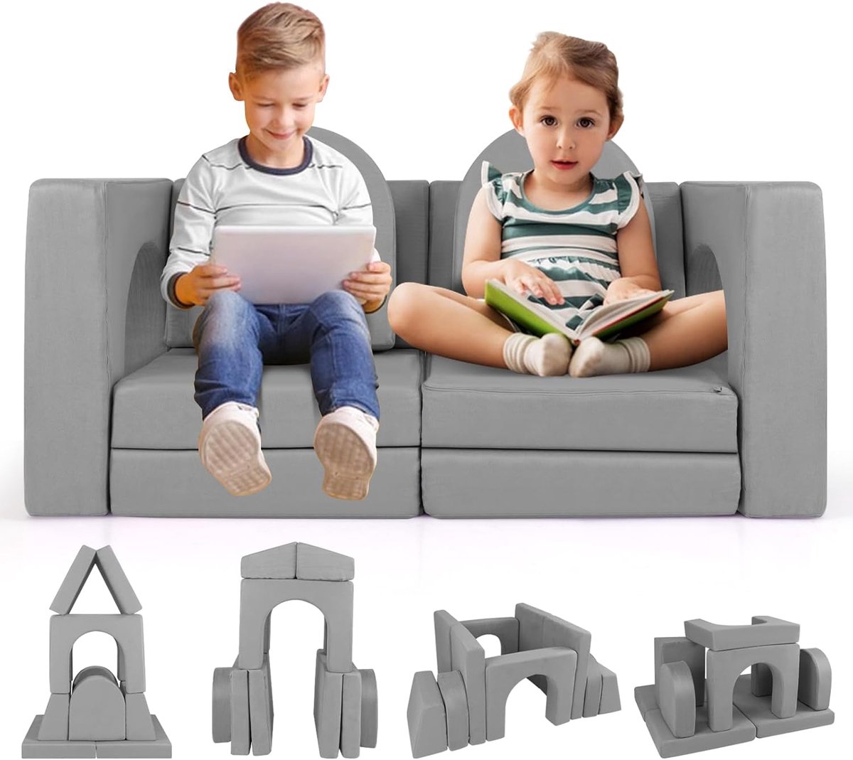 Kinderspeelbank 8-delig - Modulaire bank - Spelen en bouwen - Huidvriendelijk suède - 142 