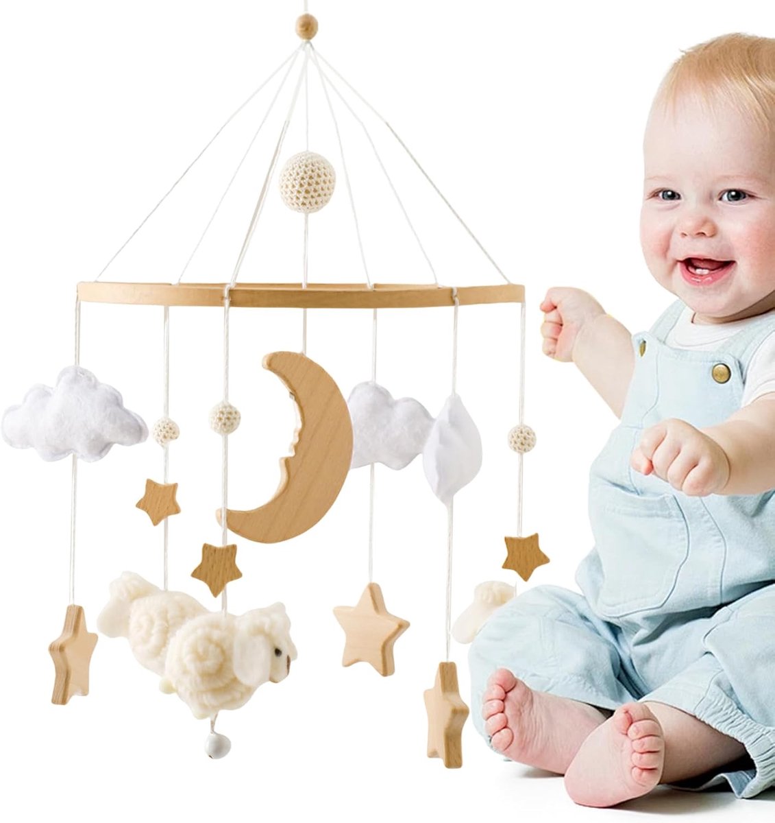Wiegmobiel Houten - Muziek Mobiel - Babykamer Decoratie - Bohemian Stijl - 225 Cm - Beige
