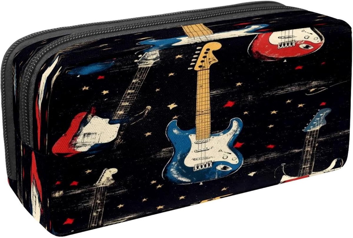 Pennenset Etui - Briefpapier Tas - School Kantoor - Stijlvolle Print - 21 x 6 x 10 cm - Zwart Gitaar