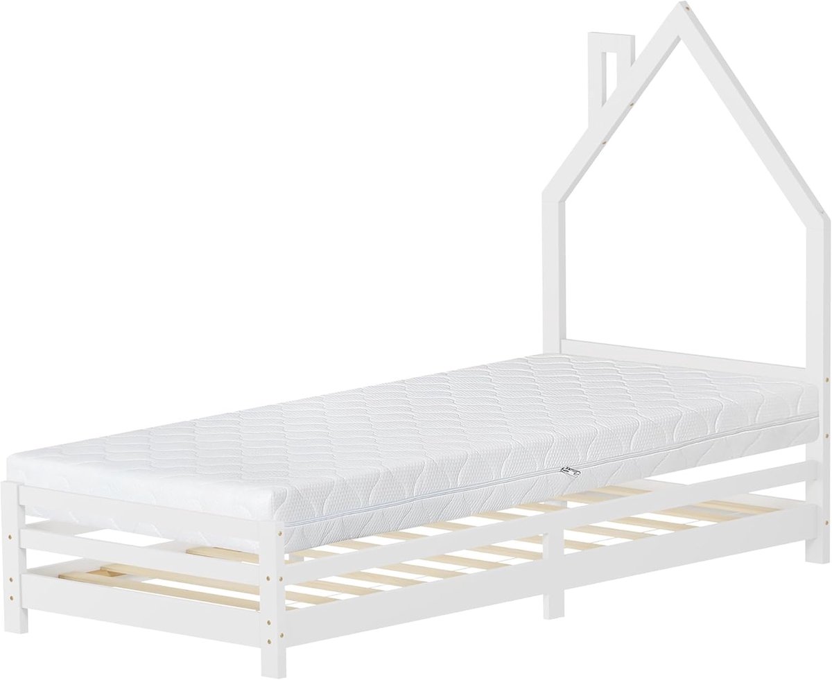 Kinderbed Huis - Jeugdbed Slaapbed - Fantasie Spelen - Massief Grenen Hout - 90x200 cm - Wit