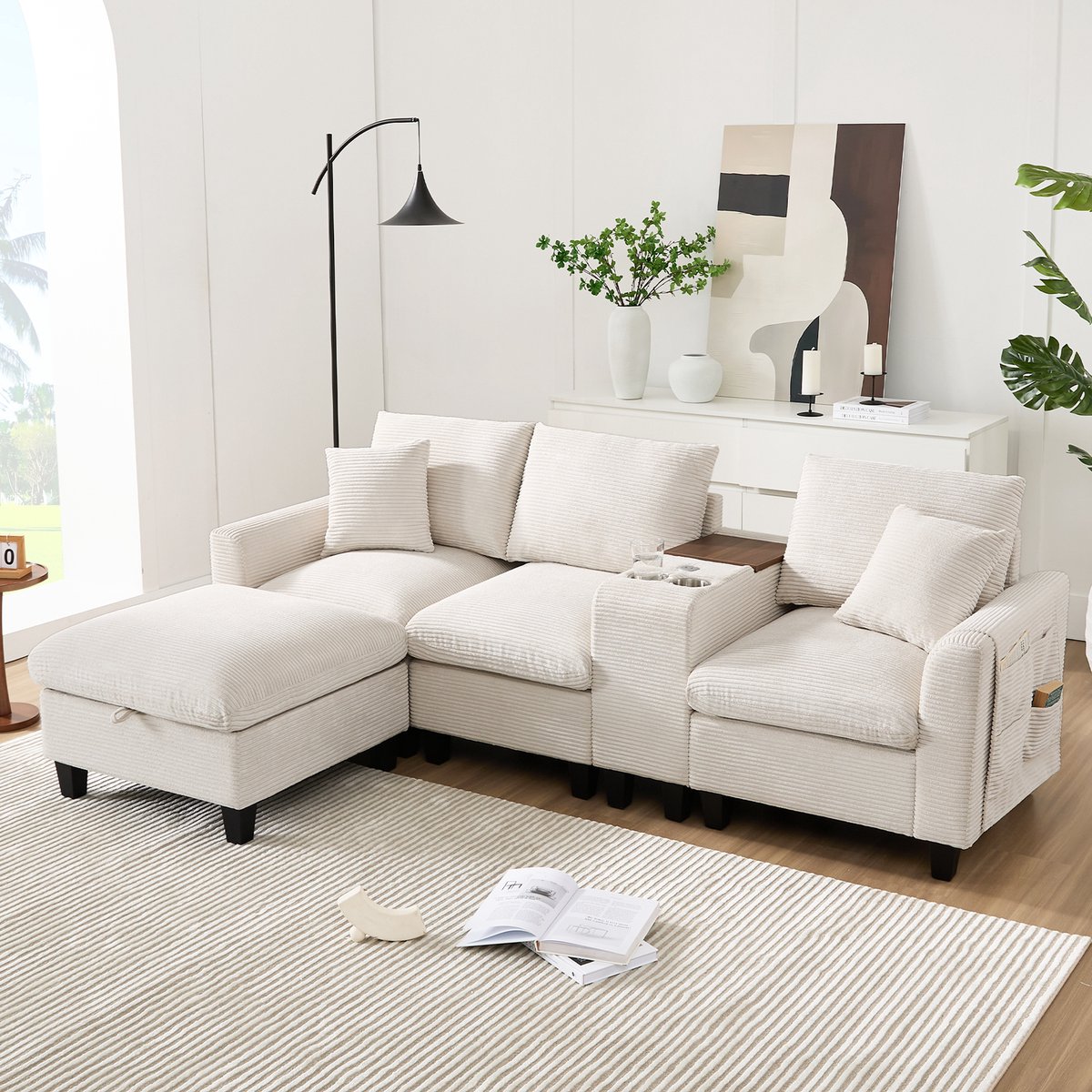 Wishdor Hoekbank - Modulair Met Console En Opbergruimte - Modern - Voor Woonkamer - Ribstof - Beige