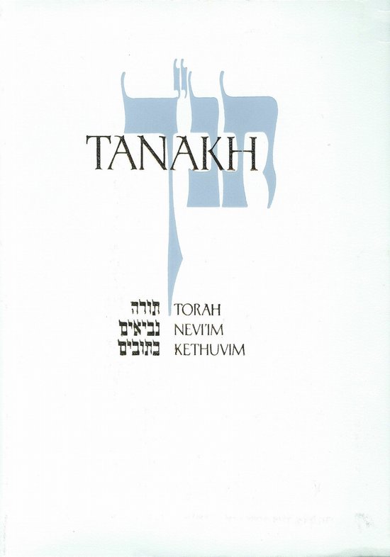TANAKH in lichtblauwe letters boven Hebreeuwse en Engelse tekst.