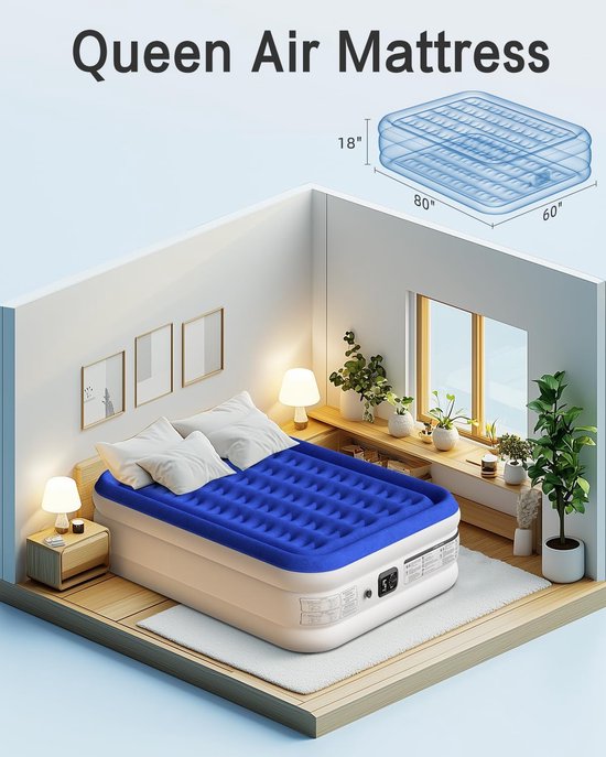 Luchtbed met Pomp - Opblaasbaar Matras - Snel Slapen - Geïntegreerde Pomp - Queen Size 45cm - Blauw Wit — afbeelding 3