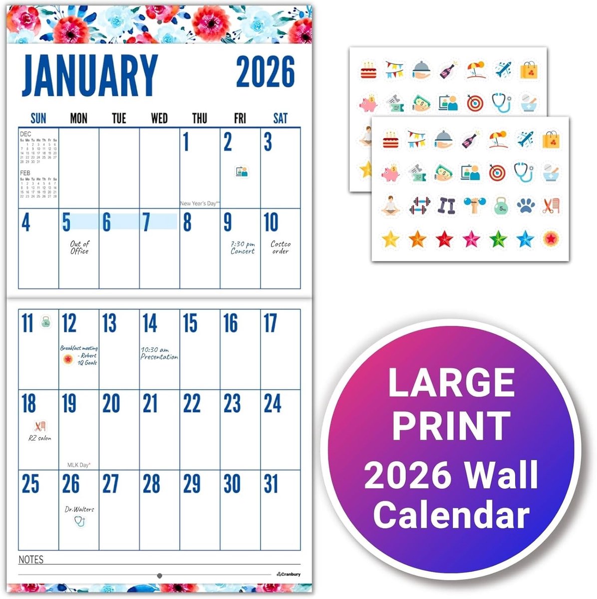 Grote Wandkalender 2024 met Grote Letters en Blokken - Maandplanner Bloemen - Ideaal voor Slechtzienden