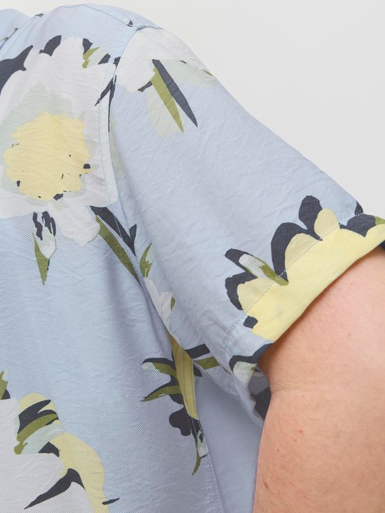 Sluiting van lichtblauwe stof met grote witte bloemen en gele details.