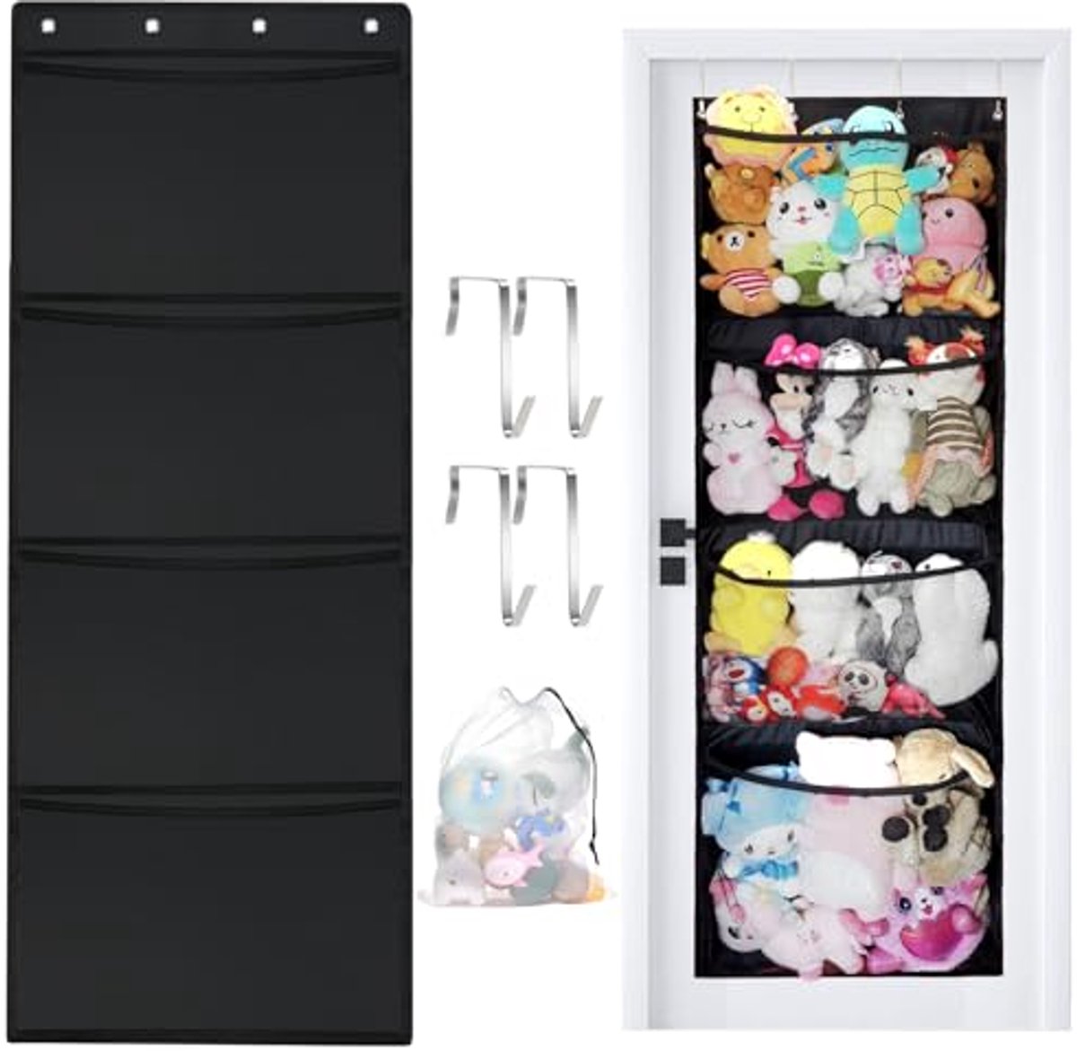 Ultiluxe® Knuffel Opberger - Deur Organizer - Speelgoed Opbergnet - Hangende Opbergtas - Opbergoplossing - Oxford Stof - Met Metalen Haken - Grijs
