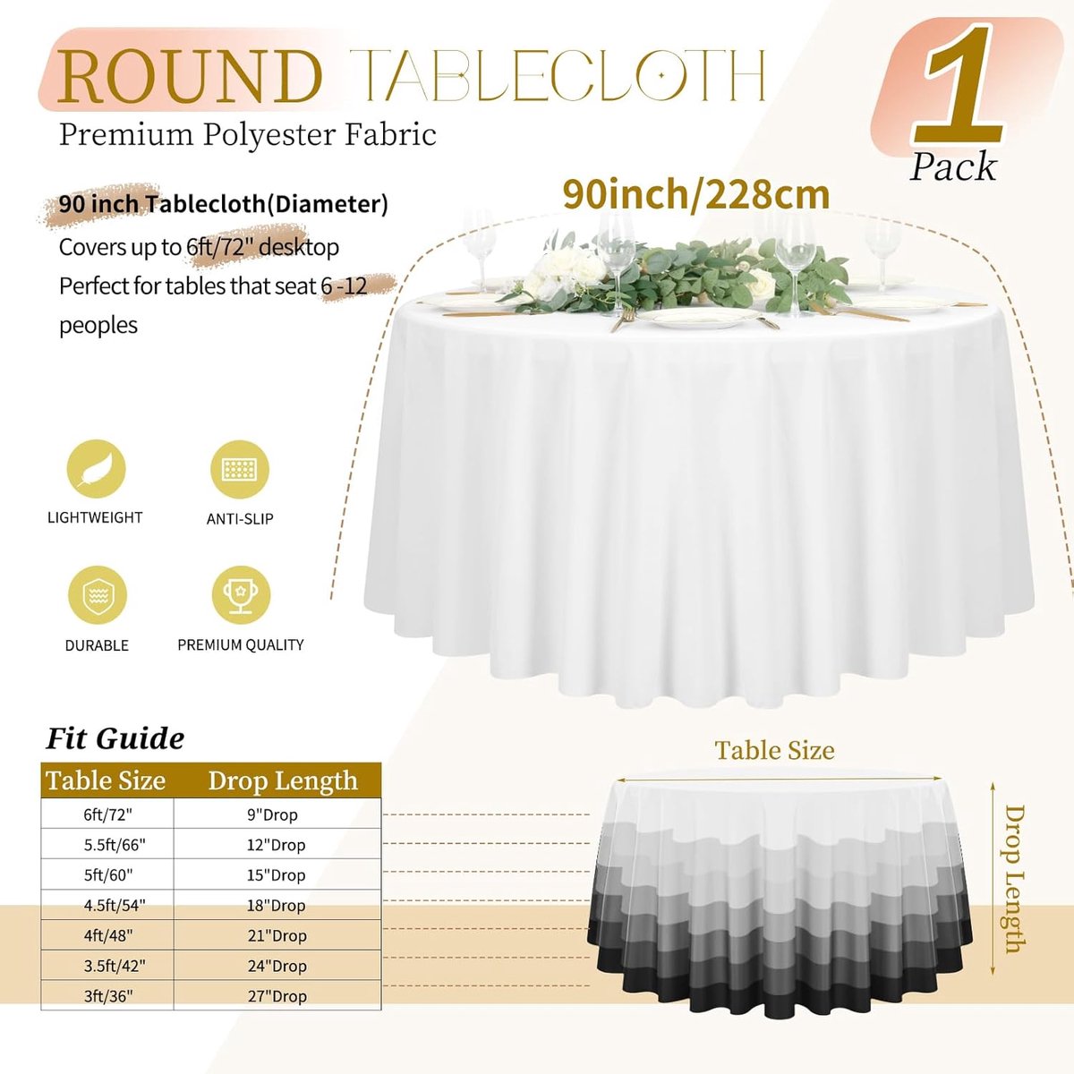 Rond Tafelkleed Wit 228 cm - Polyester Tafelbekleding voor Bruiloft en Feest