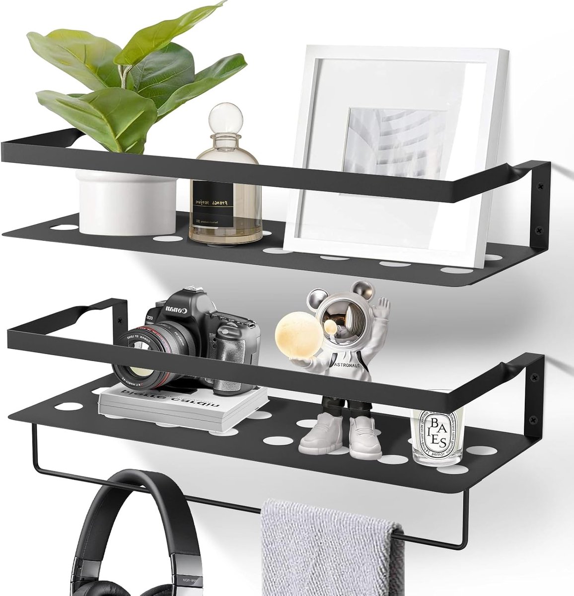 Zwevende Wandplanken Set van 2 met Handdoekhouder voor Badkamer en Keuken