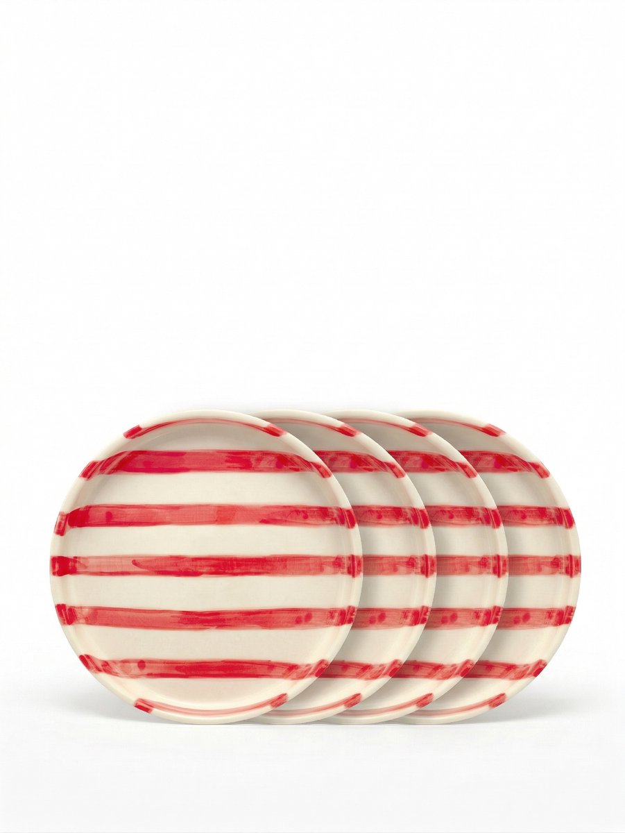 vtwonen - Borden - Gebaksbord - Strepen - Rood - Set van 4 - Keramiek - 13cm