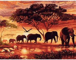Schilderen op Nummer voor Volwassenen en Beginners: Zonsondergang met Olifant, Afrikaanse Kunst 40x50 cm