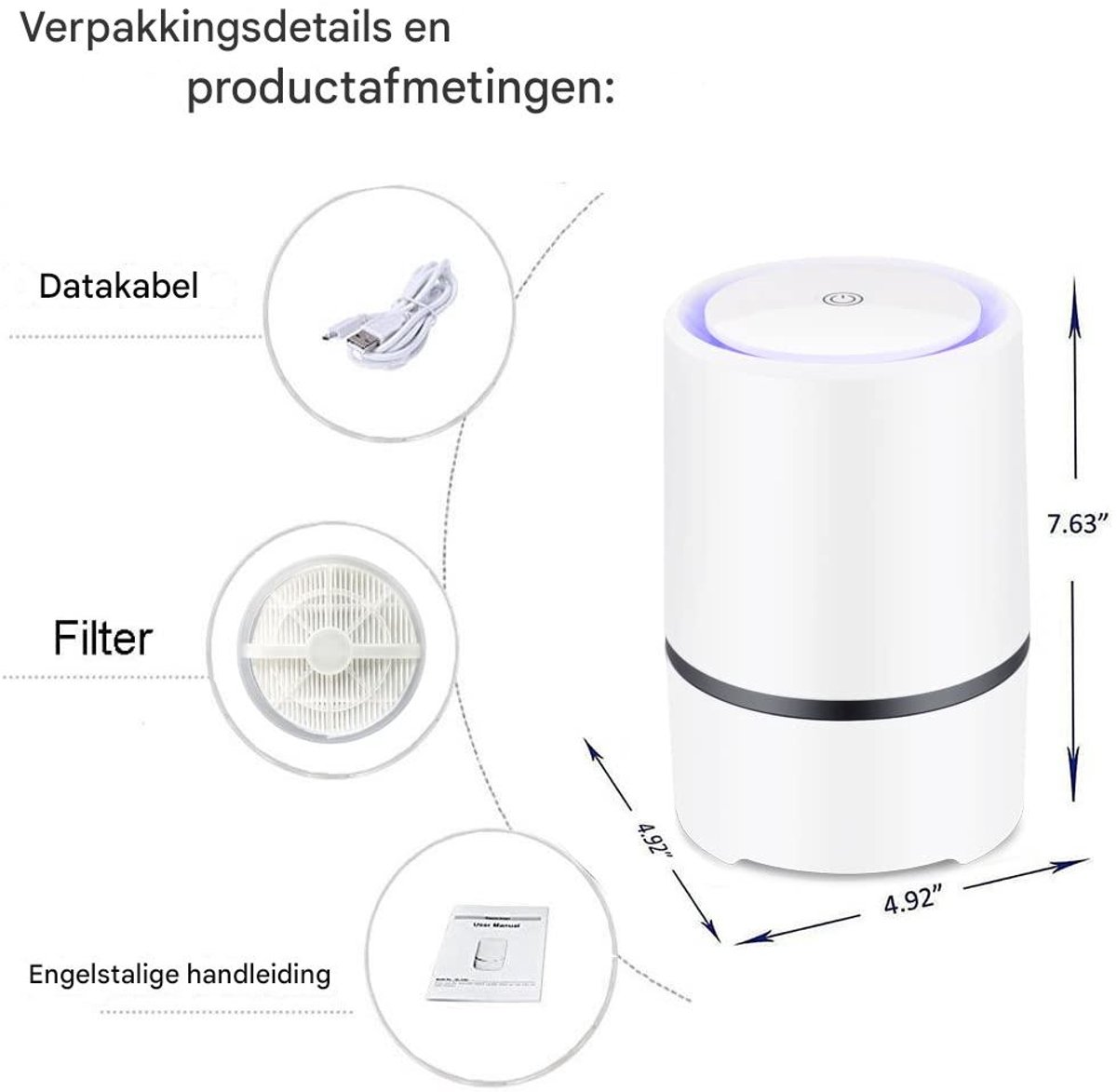 longziming - Luchtreiniger - Air Purifier - Koolstoffilter - 1 stuk - HEPA-filter - Stil (≤28 dB) - Nachtlampje - 8 uur timer - USB - Voor slaapkamer, kantoor en babykamer - 12,5x12,5x20 cm — afbeelding 2