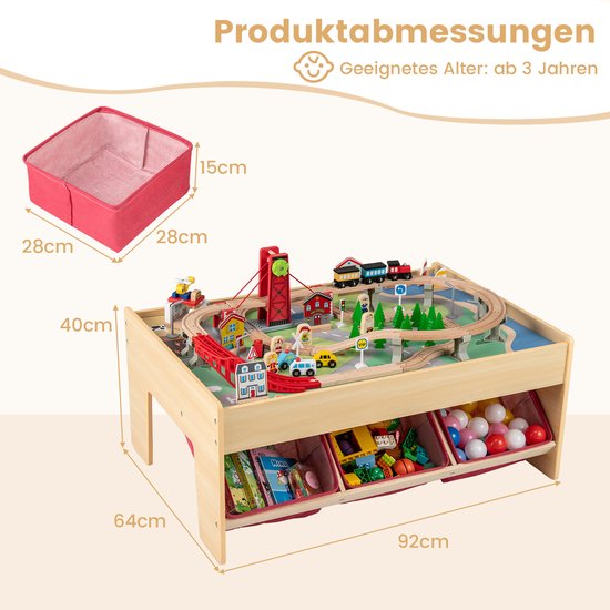 COSTWAY Houten spoorbaanset met tafel, 94-delige spoorwegset met 2 omkeerbare tafelbladen, 3 stoffen laden, 2-in-1 speeltafel met accessoires van hout, activiteitstafel voor kinderen vanaf 3 jaar van COSTWAY — afbeelding 2