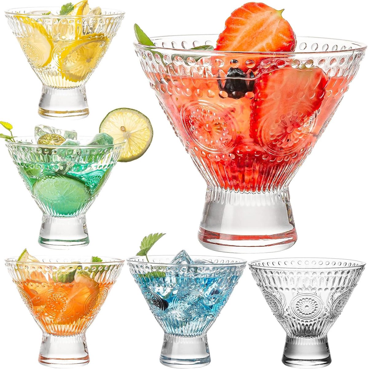 Set van 6 Stemloze Cocktailglazen Vintage Ontwerp voor Martini en Margarita