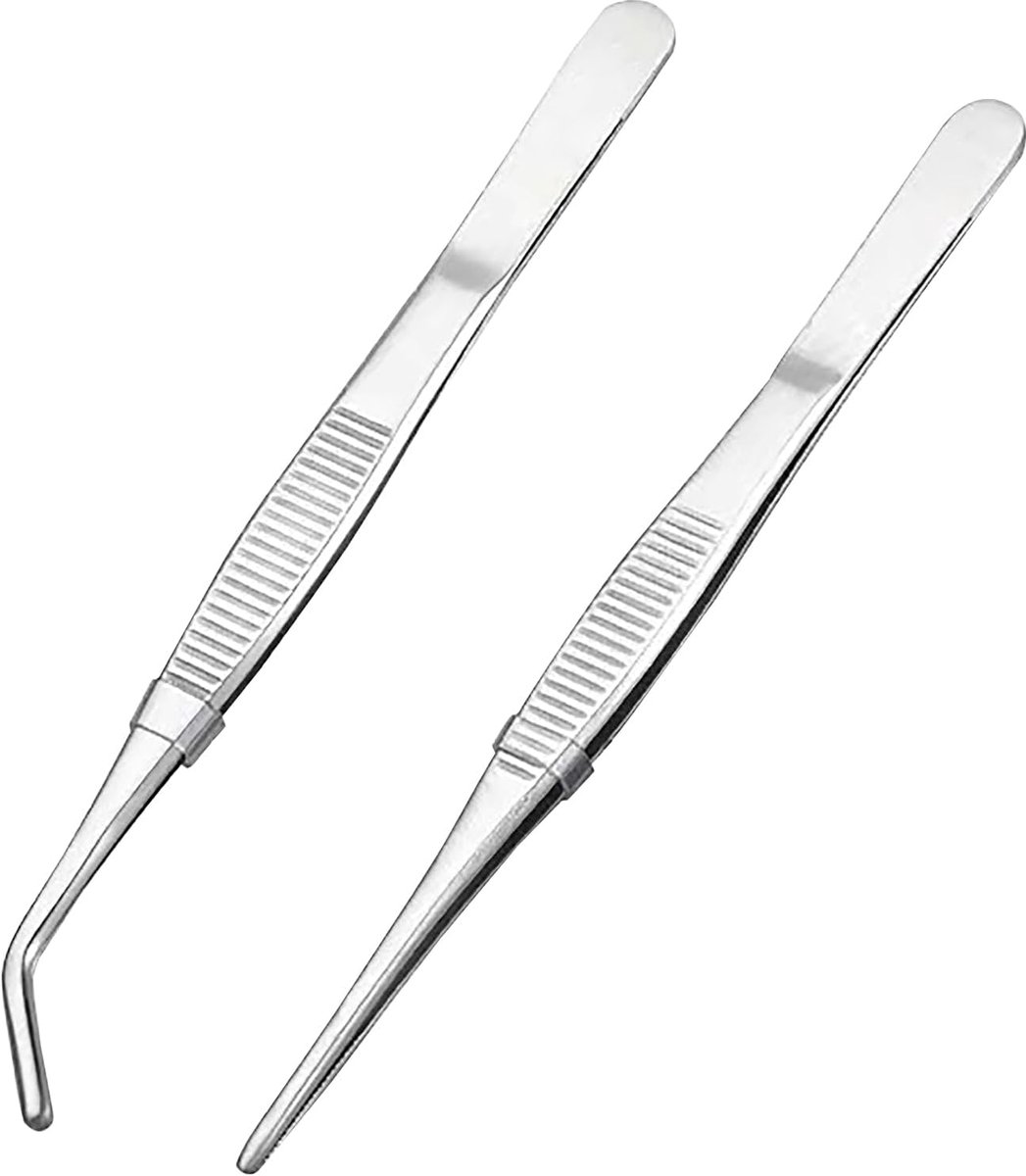 2 Stuks Professionele Pincet Set - Gebogen, Rechte en Schuine Pincet 16cm - Roestvrij Staal