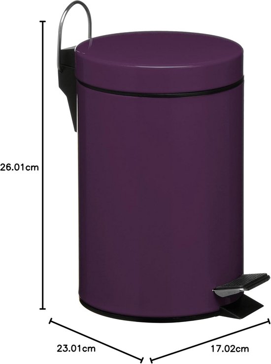 Paarse roestvrijstalen pedaalemmer met afmetingen W17 x D23 x H26 cm.