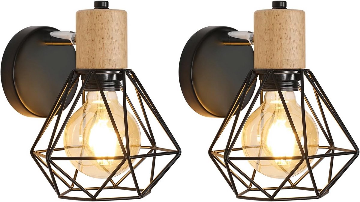 Set van 2 Vintage Wandlampen Zwart met Hout - Draaibare Spots voor Woonkamer, Slaapkamer en Gang