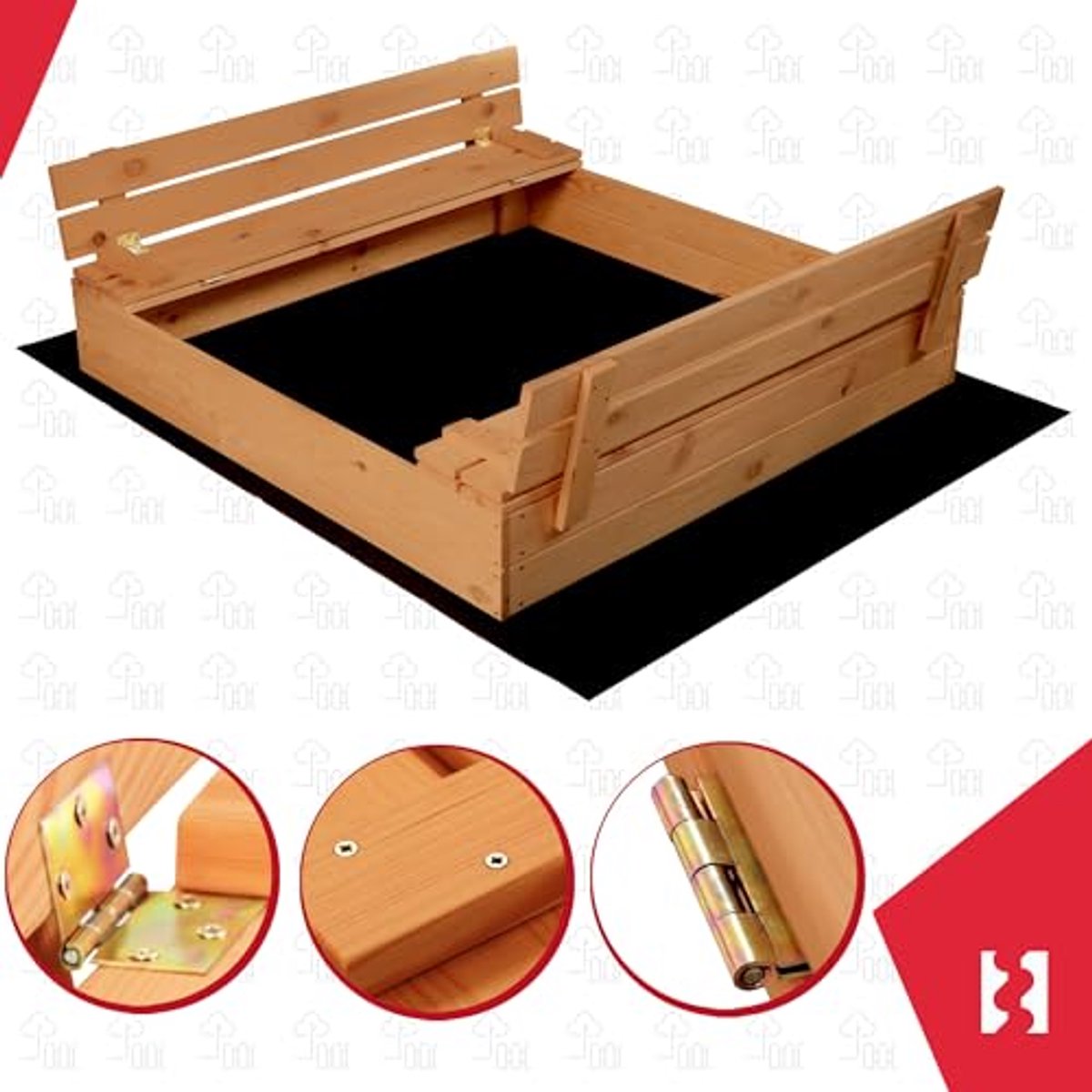 KOTARBAU® Houten Zandbak, 120 x 120 cm, Bruin, Zandbak met Deksel, en Bankjes, Met Grondzeil, Geïmpregneerd, Buitenspeelgoed — afbeelding 6