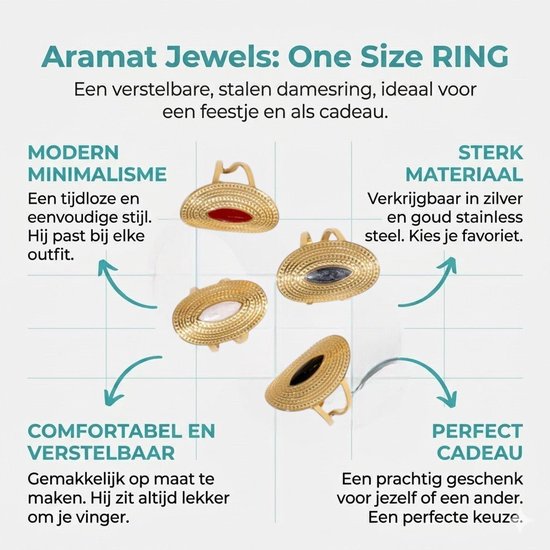 Vier gouden, verstelbare ringen met een ovaal emaille inzetstuk. Verkrijgbaar in zilver en goudkleurig staal. Perfect cadeau.