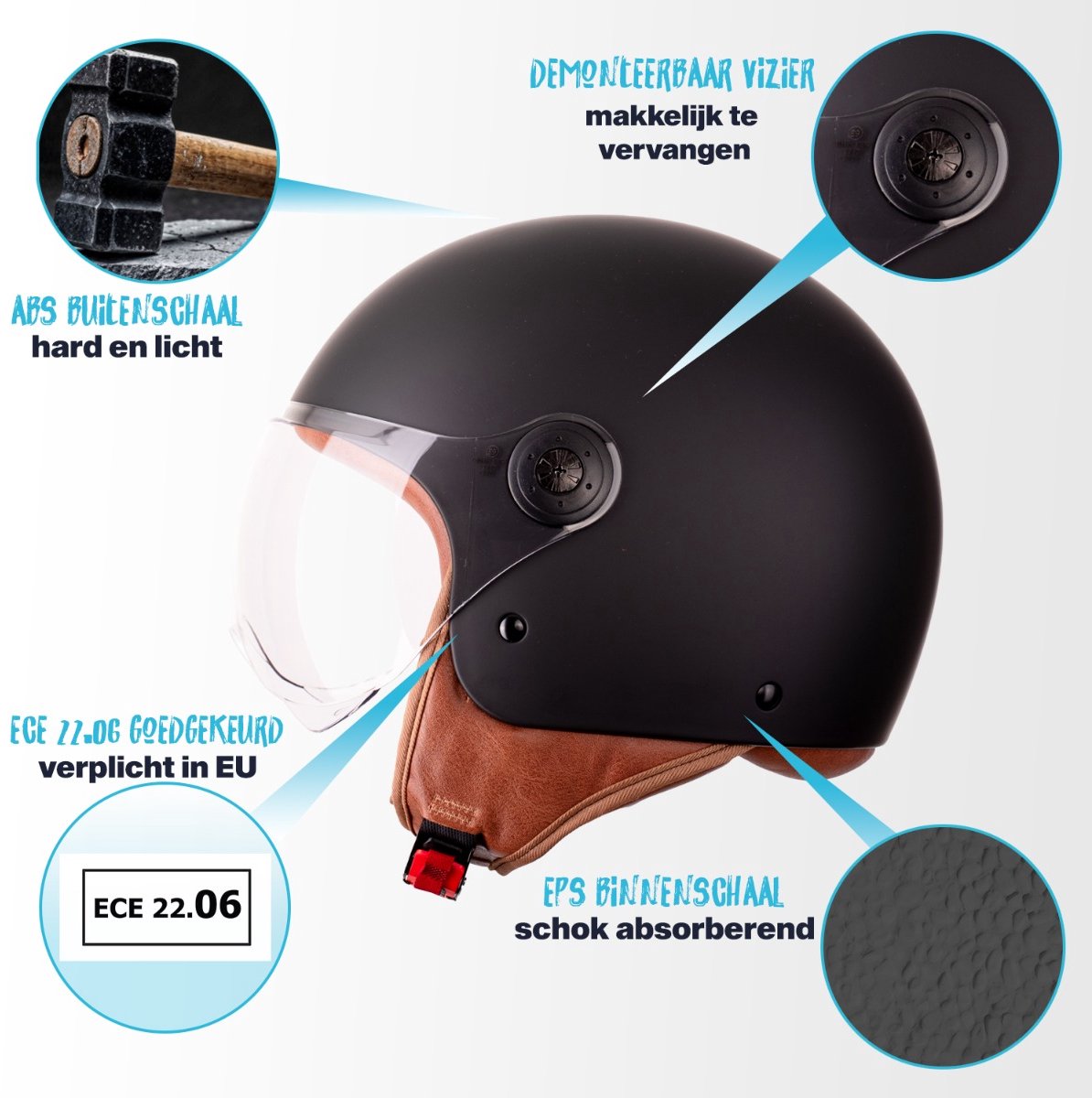 VINZ Duoro Elite Jethelm - Scooterhelm, Motorhelm, Brommerhelm - Luxe Bruine Binnenvoering - ECE Goedgekeurd - Mat Zwart - M – foto 3