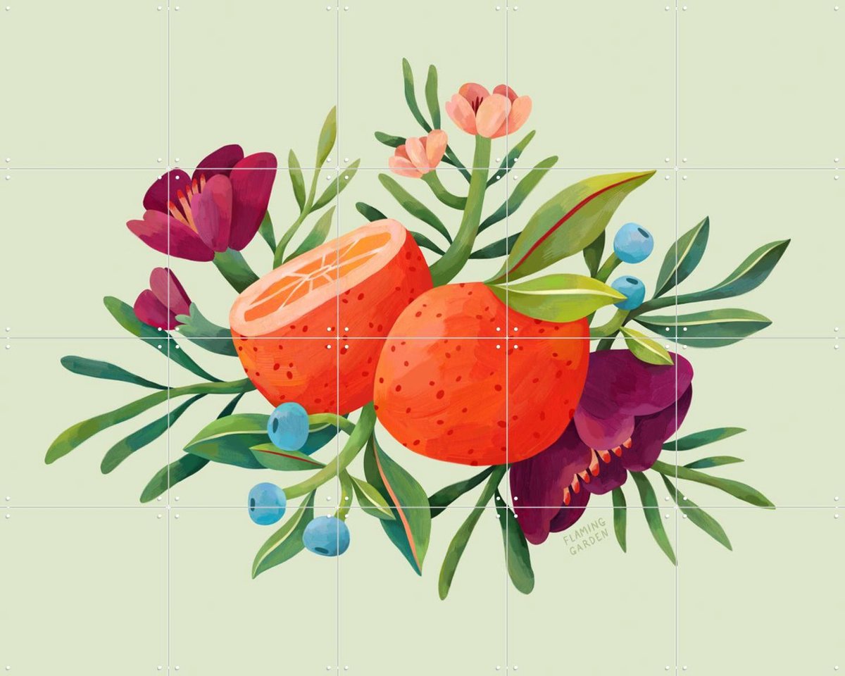 IXXI Orange Summer, Flaming Garden - 100 x 80 cm - Gratis ophangtool - Grote wanddecoratie en posters - Kleurrijk, Illustraties, Speels, Digitale