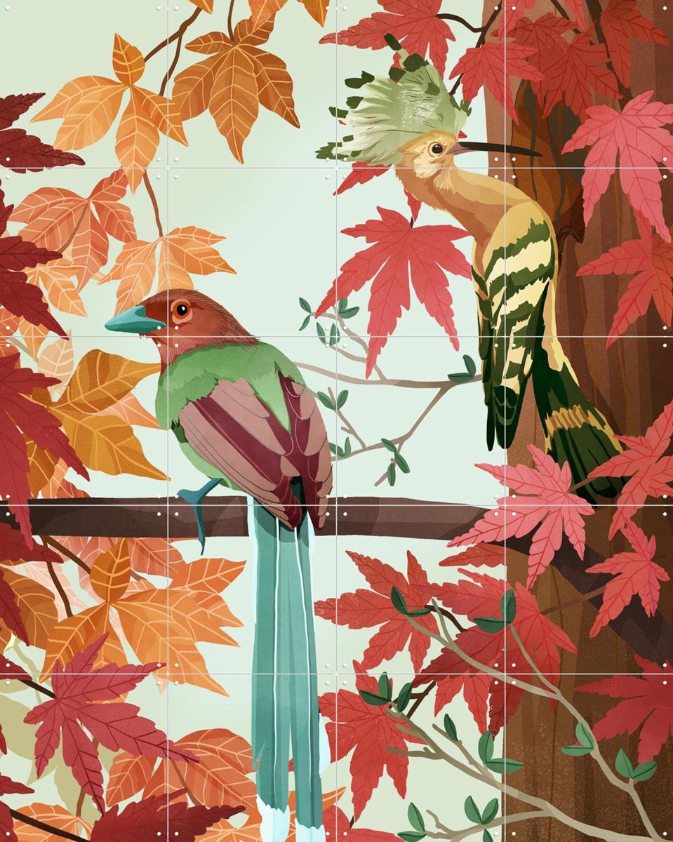 IXXI Birds of Autumn, Goed Blauw - 80 x 100 cm - Gratis ophangtool - Grote wanddecoratie en posters - Speels, Illustraties, Digitale Kunst, Woonkamer