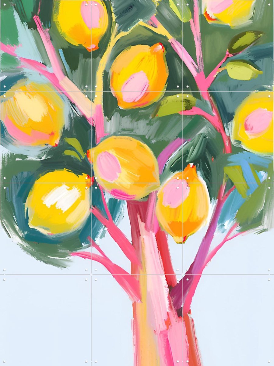 IXXI Vibrant Lemon Tree, Ohkimiko & Various - 60 x 80 cm - Gratis ophangtool - Grote wanddecoratie en posters - Kleurrijk, Kwaststreken, Speels