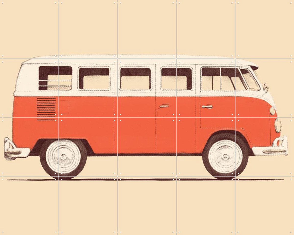 IXXI Red Van, Florent Bodart - 100 x 80 cm - Gratis ophangtool - Grote wanddecoratie en posters - Retro, Minimalisme, Vintage, Kleurrijk
