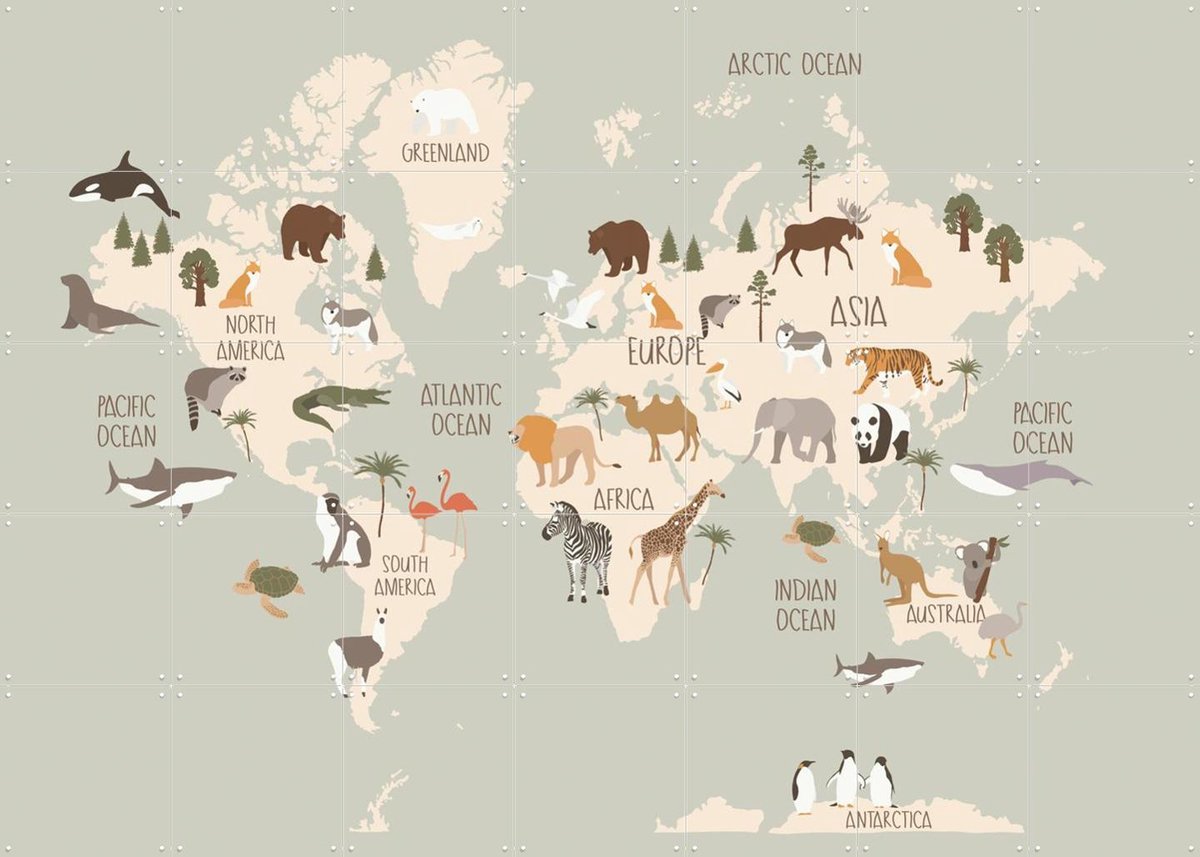 IXXI Nursery World Map (Green), Treechild & Various - 140 x 100 cm - Gratis ophangtool - Grote wanddecoratie en posters - Illustraties, Grafisch