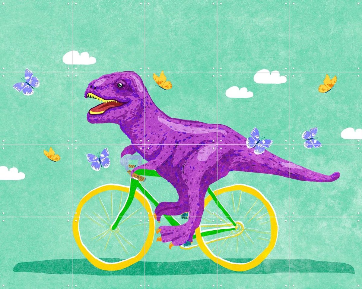 IXXI Dino Racer, Raissa Oltmanns - 100 x 80 cm - Gratis ophangtool - Grote wanddecoratie en posters - Cartoonesk, Digitale Kunst, Speels, Kleurrijk