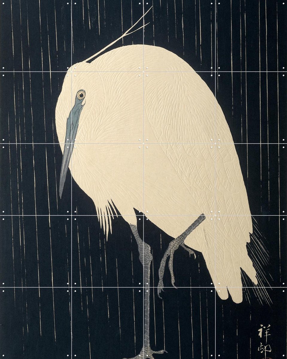 IXXI Zilverreiger in de regen, Ohara Koson & Rijksmuseum - 80 x 100 cm - Gratis ophangtool - Grote wanddecoratie en posters - Klassiek, Houtsnede