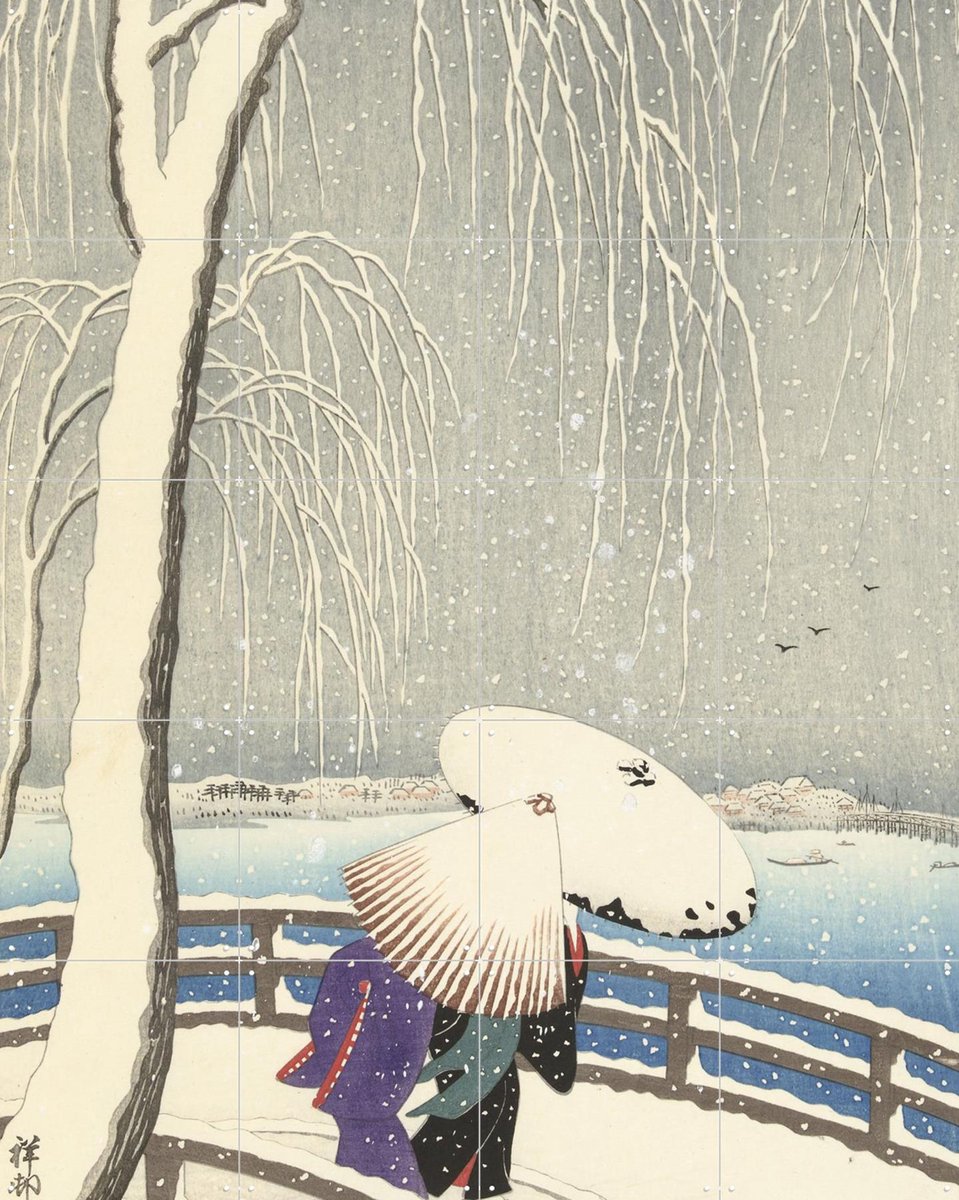 IXXI In the Snow on Yanagibashi, Ohara Koson & Rijksmuseum - 80 x 100 cm - Gratis ophangtool - Grote wanddecoratie en posters - Houtsnede, Ukiyo-e