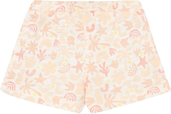Lichtroze en oranje botanische print op crème shorts.