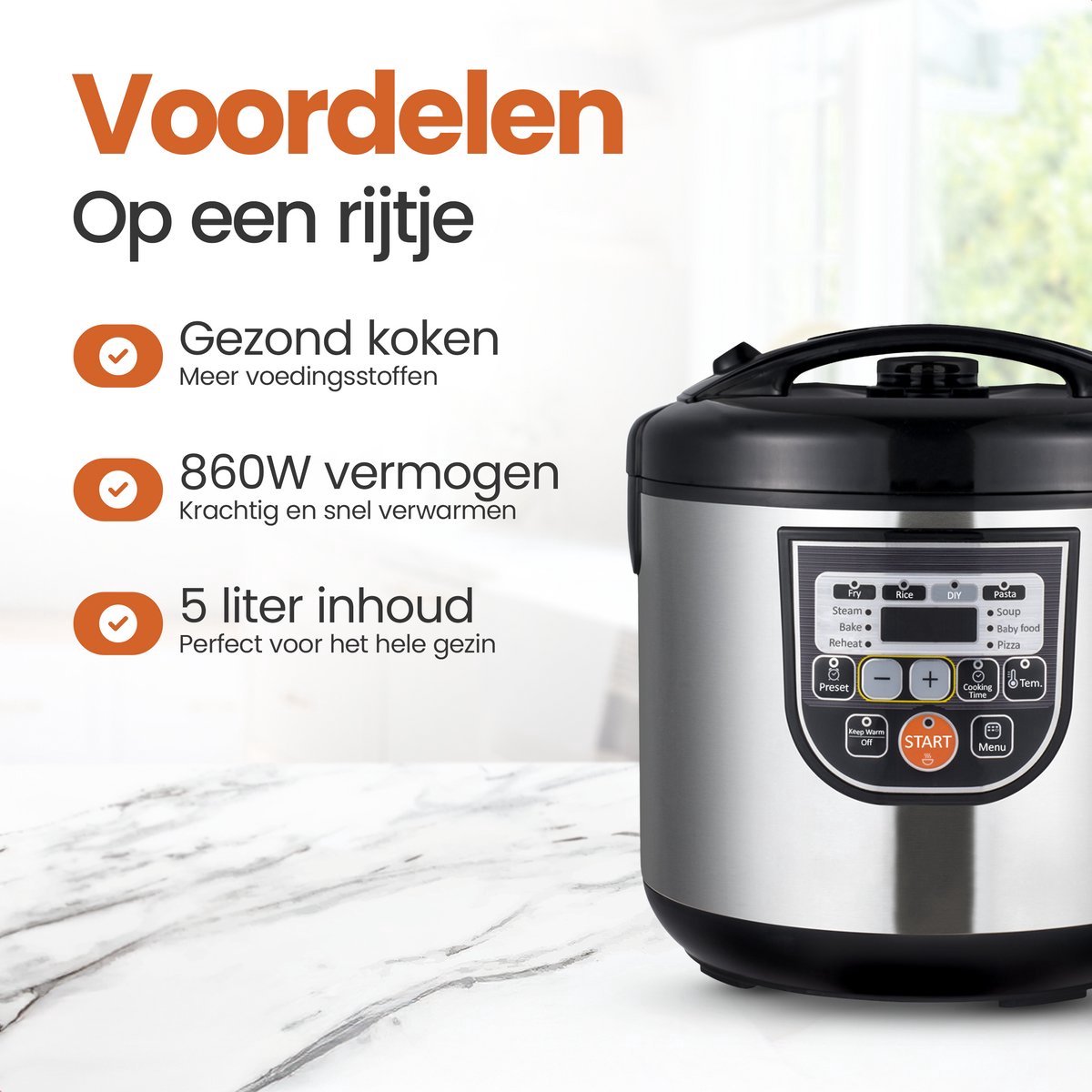 Rijstkoker 5L Multicooker met Stoomfunctie PFAS-vrij Zwart - afbeelding 2
