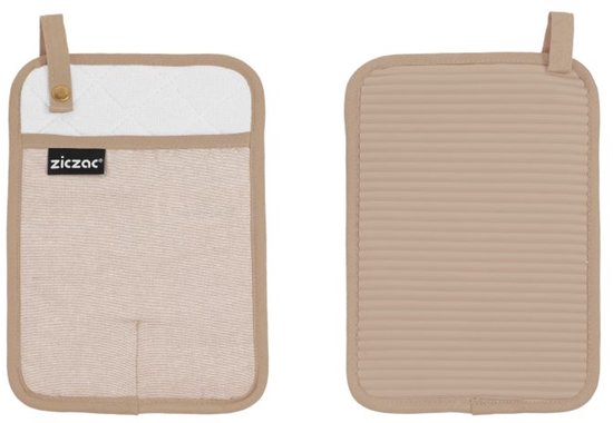 Voor- en achterkant van een beige pannenlap met beige band.