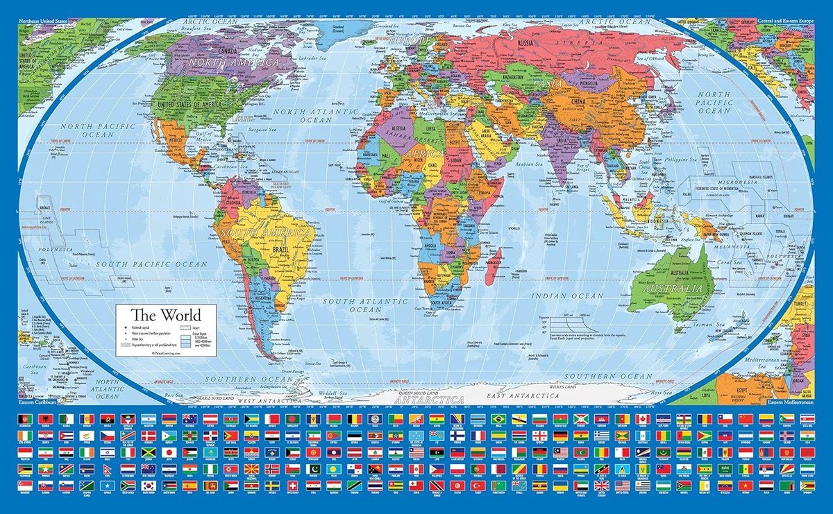 Wereldkaart Poster - Kaartontwerp met Continenten op Ware Relatieve Grootte (Gelamineerd, 18" x 29")