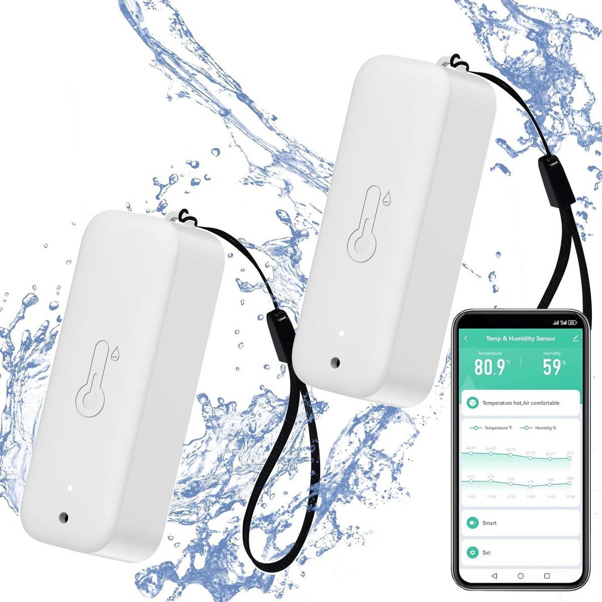 Slanke hygrometer en thermometer met app-alarm - Waterdichte vochtigheids- en temperatuursensor met zelfmagnetische wifi-functie voor binnen en buiten – Set van 2