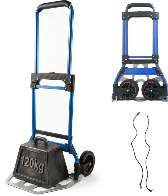 Blauwe steekwagen met een gewicht van 120 kg, een gevouwen steekwagen en spanbanden op een witte achtergrond.