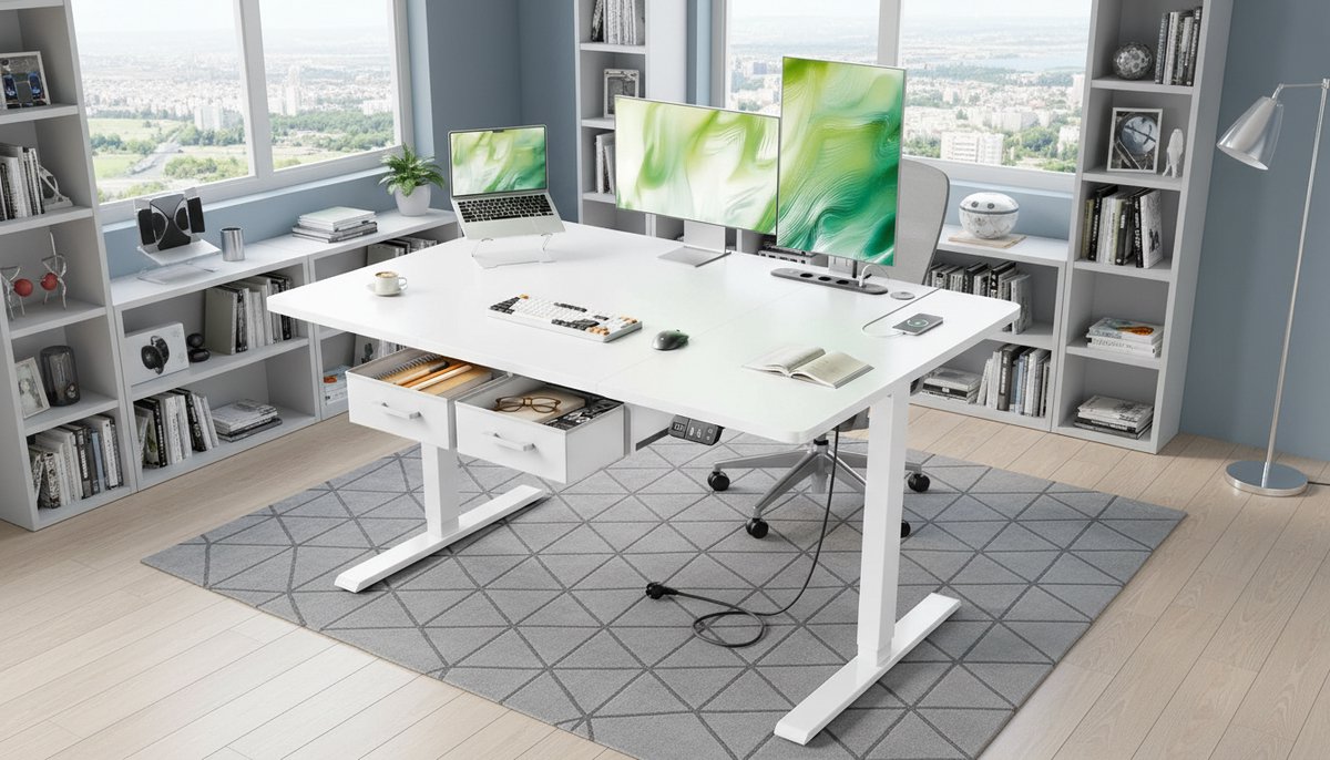 Electric Desk 120x80 cm Casa Velluto – Modern Wite Height Adjustable Standing Desk with Memory Function, Built-in Power Outlet & USB-C, 2 Removable Drawers, Sit-Stand Workstation