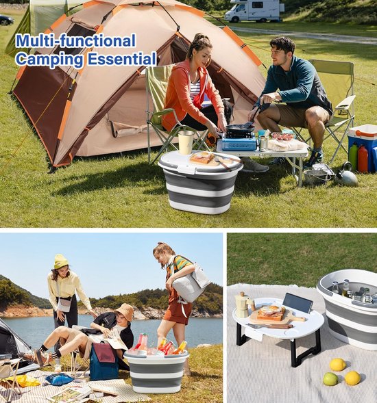 Opvouwbare emmer - Siliconen bak - Ruimtebesparend opbergen - Multifunctioneel deksel - 16 liter - Grijs/Wit — afbeelding 5
