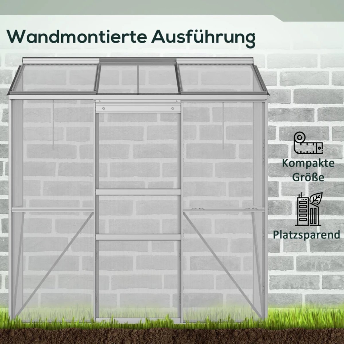 Kas met Schuifdeur en Dakraam - Wandkas - Muurkas - Tuinkas - Broeikas - Kweekkas - Tomatenkas - Groentekas - Plantenkas - voor Groenten, Bloemen, Planten - 192 x 68 x 196 cm - Polycarbonaat + Aluminium - Zilver – foto 3