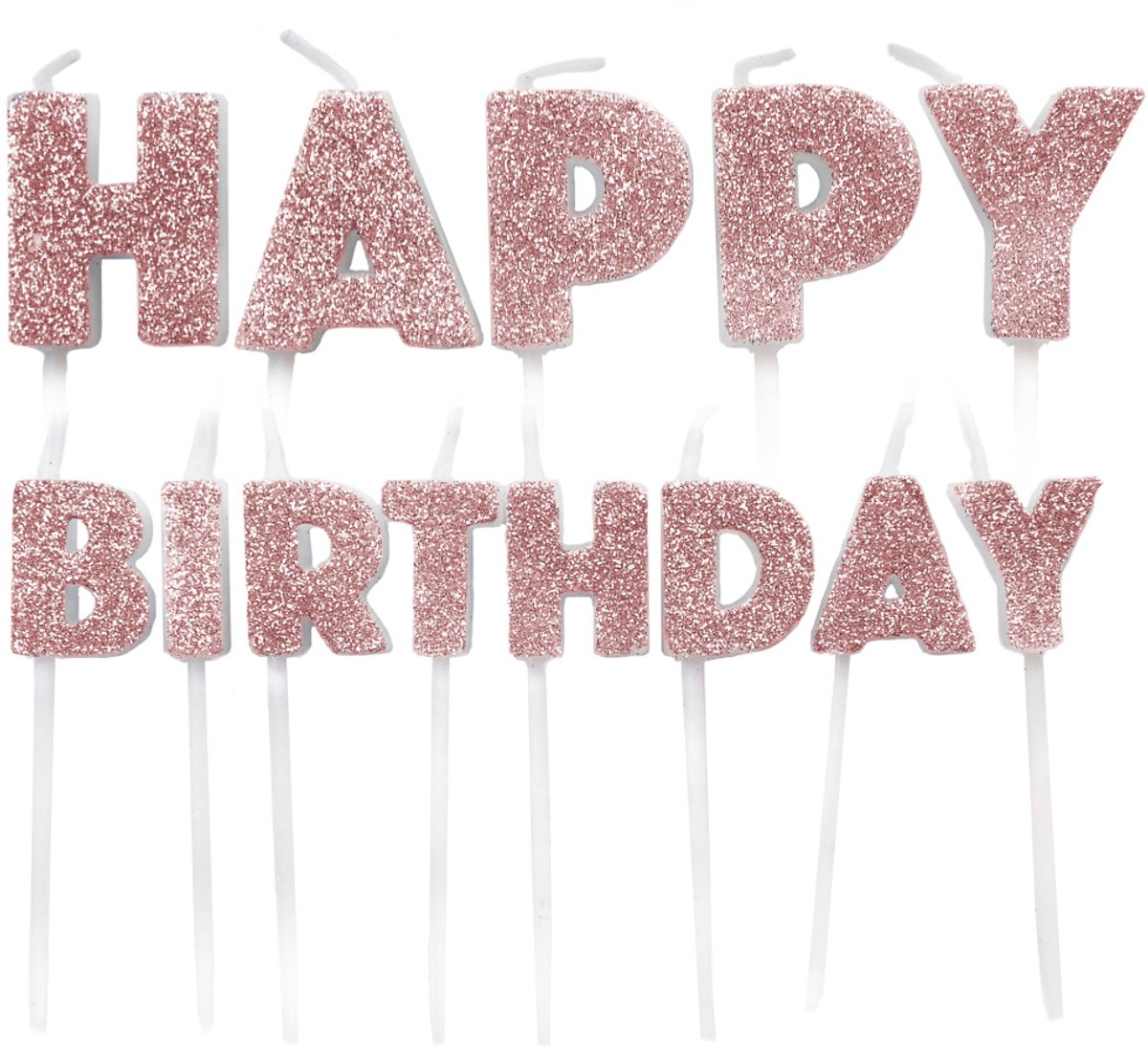 ANNIVERSARY HOUSE - Kaarsen op prikkers "Happy Birthday" roségoud glitter 5,5 tot 7 cm, set van 13