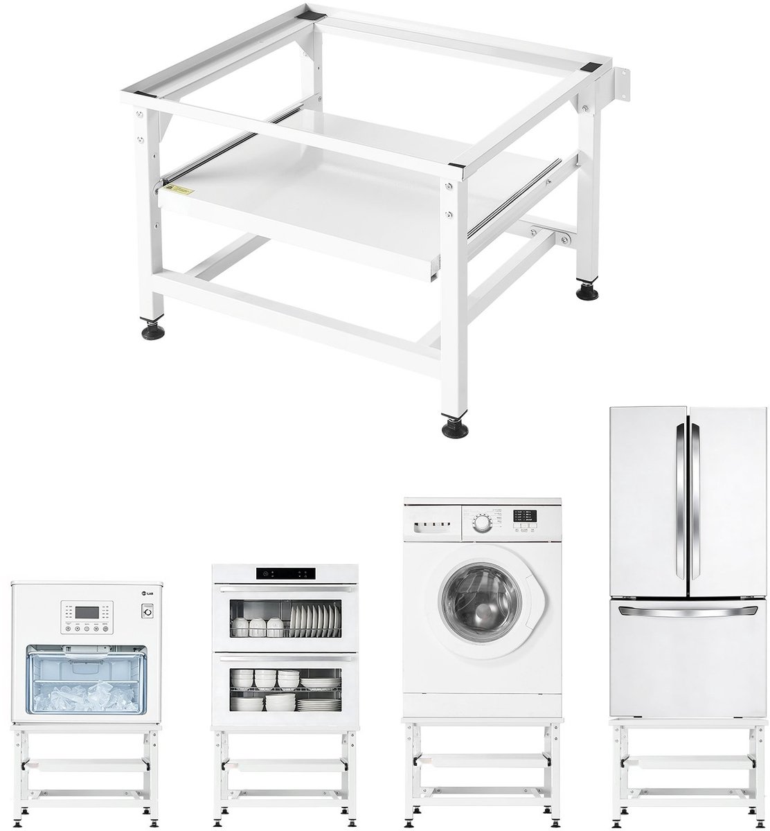 Wasmachine- en drogeronderstel - Verhoger met uitschuifbaar plateau - Hoogte 41 cm - Draagvermogen 318 kg - Antislipvoeten - Staal - Universeel - Wit