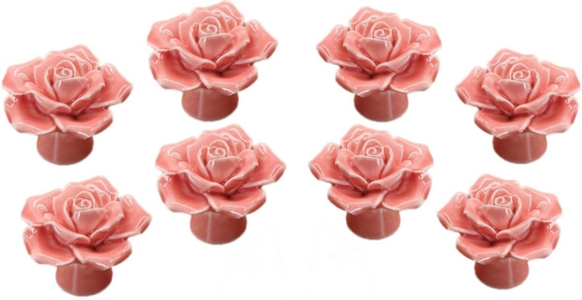 Oneay Set van 8 roze keramische knoppen, vintage keramische handgrepen met rozenmotief voor keukenkastjes en dressoirs.