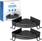 Twee zwarte hoekdouche rekjes, verpakt in een doos met 'Badkamer Doucherek 2 Stuks' opdruk.